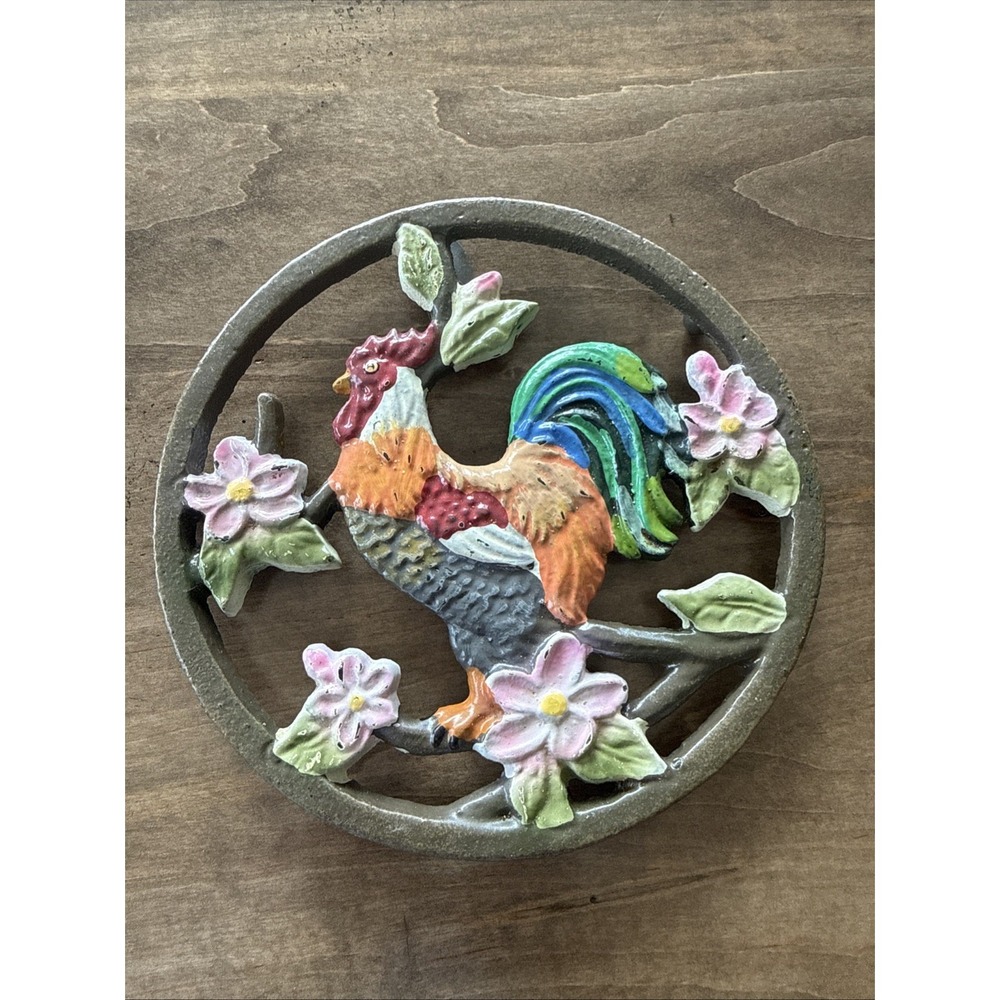 Vintage Cast Iron Rooster Trivet Wall Hanging Folk Art Farmhouse Kitchen Decor